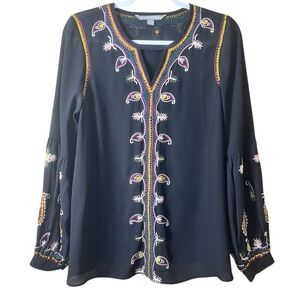 Valerie Stevens Embroidered Boho Peasant Blouse Size Medium Black Festival Artsy